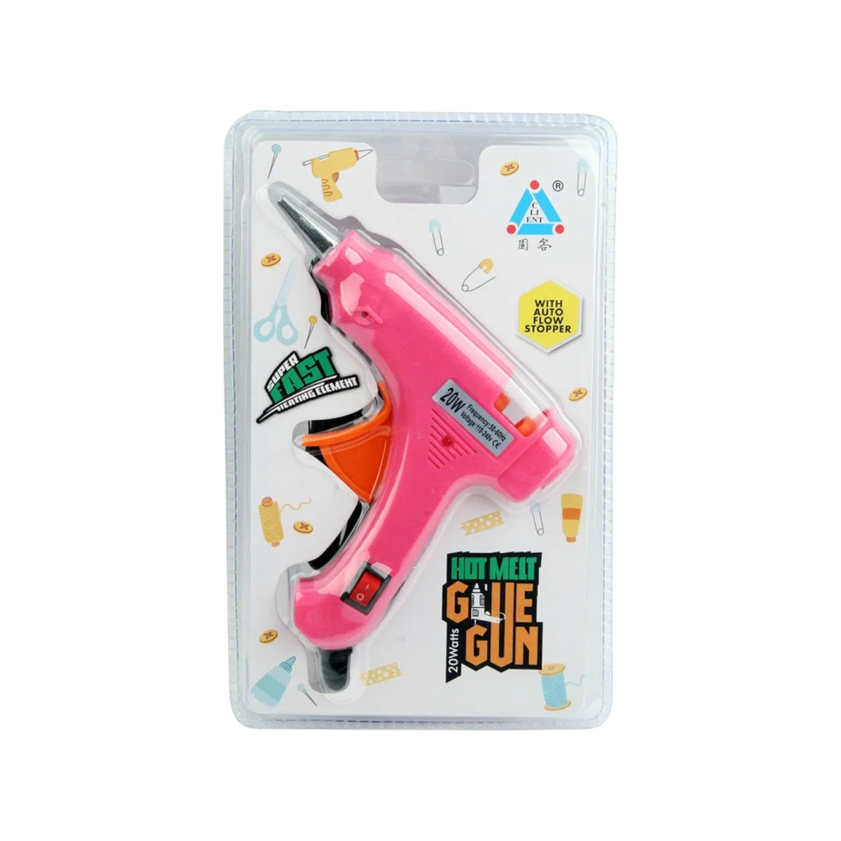 Elite Stationery House 20W pink mini hot melt glue gun with ergonomic handle in blister packaging for crafts