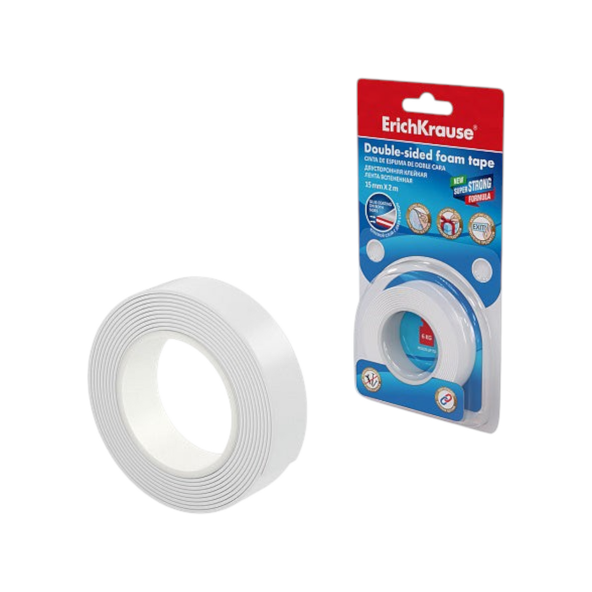 Elite Stationery House Erich Krause double-sided foam tape roll, 15mm wide, 2 meters long, strong adhesive.