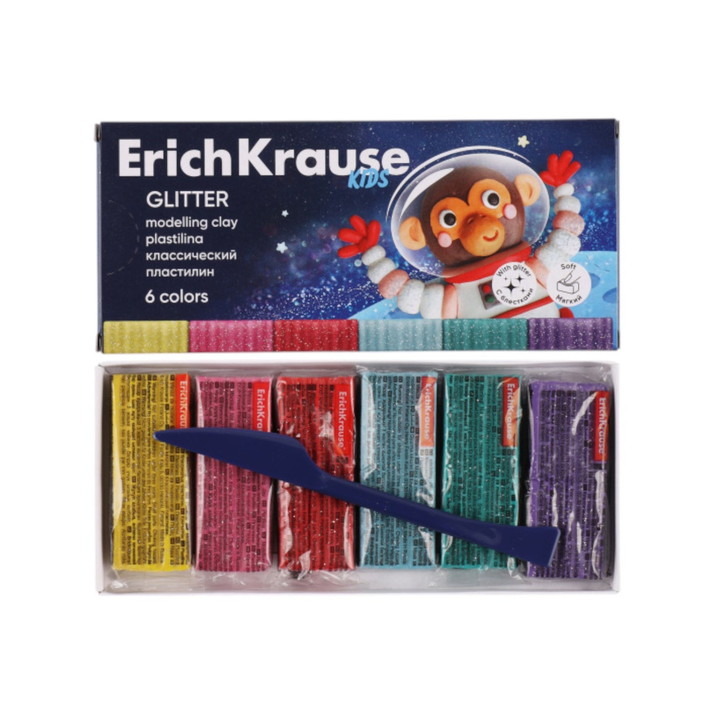 Erich Krause Glitter Colored Clay with Modeling Tool - 6 Pieces 108g