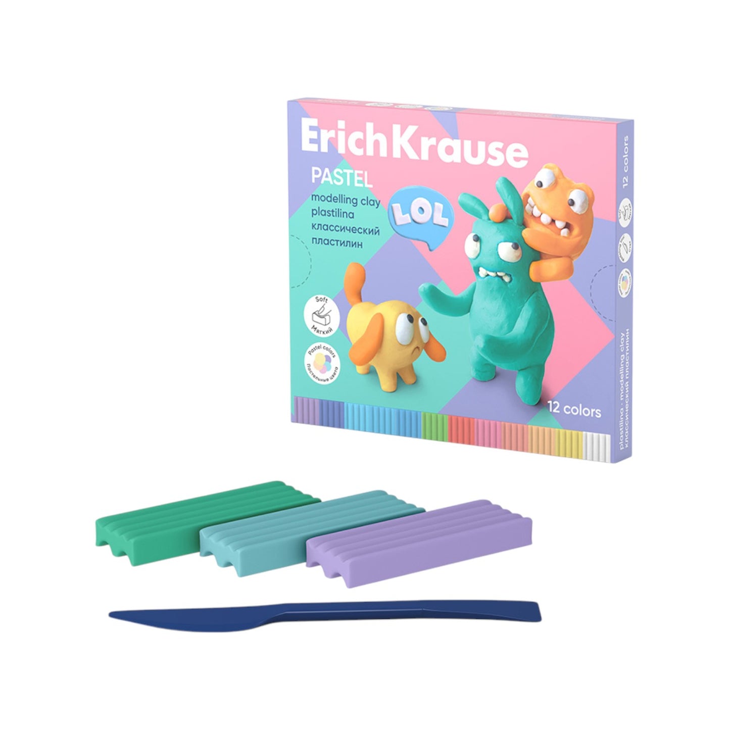 Erich Krause Jolly Friends Pastel Colors Clay with Molding Tool – 12 Pieces 216g