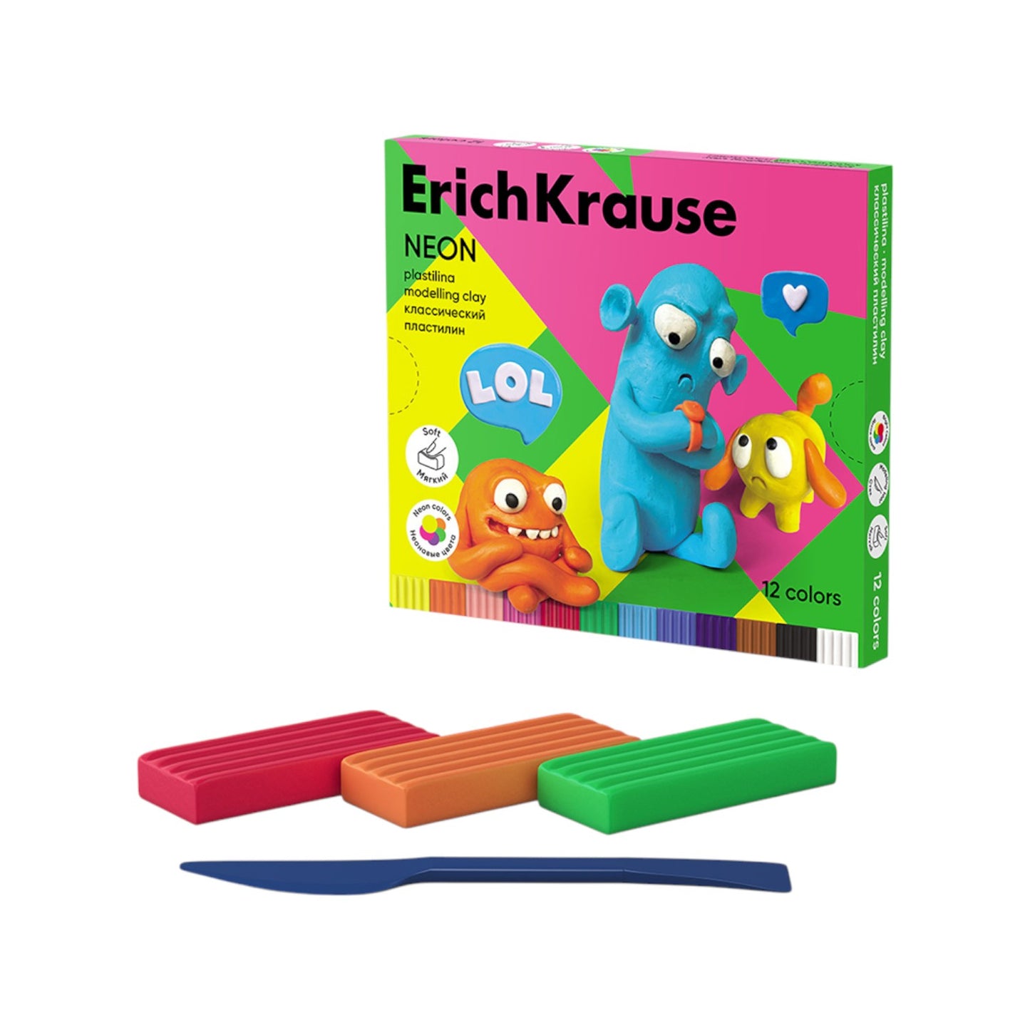 Erich Krause Jolly Friends Neon Colors Clay with Molding Tool – 12 Pieces 216g