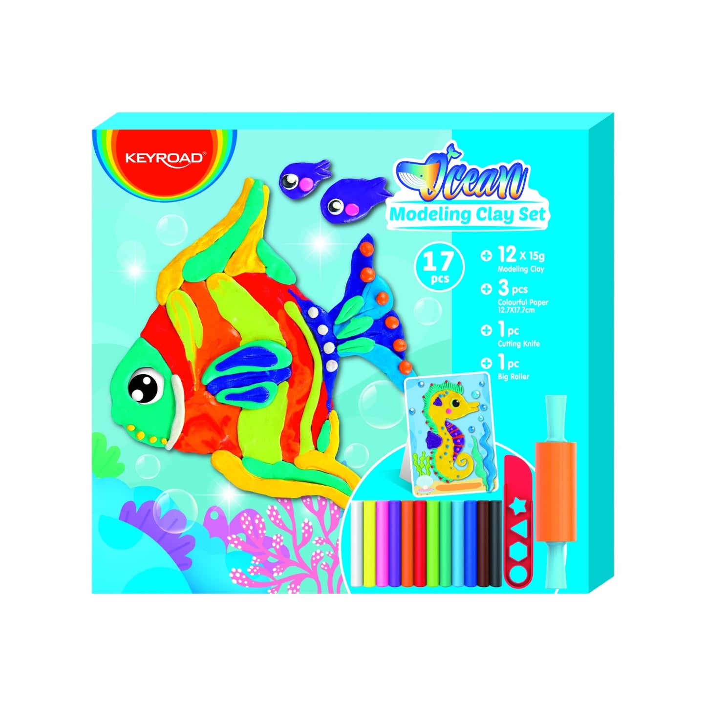 Keyroad Ocean Colored Modeling Clay – 90g – Box of 12 Sticks + Rolling Pin + Shaping Knife
