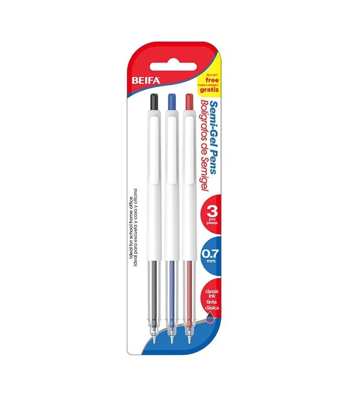 Semi-Gel Pen Set, 3 Pieces, Assorted Colors, 0.7 mm, Model TB2-3C3