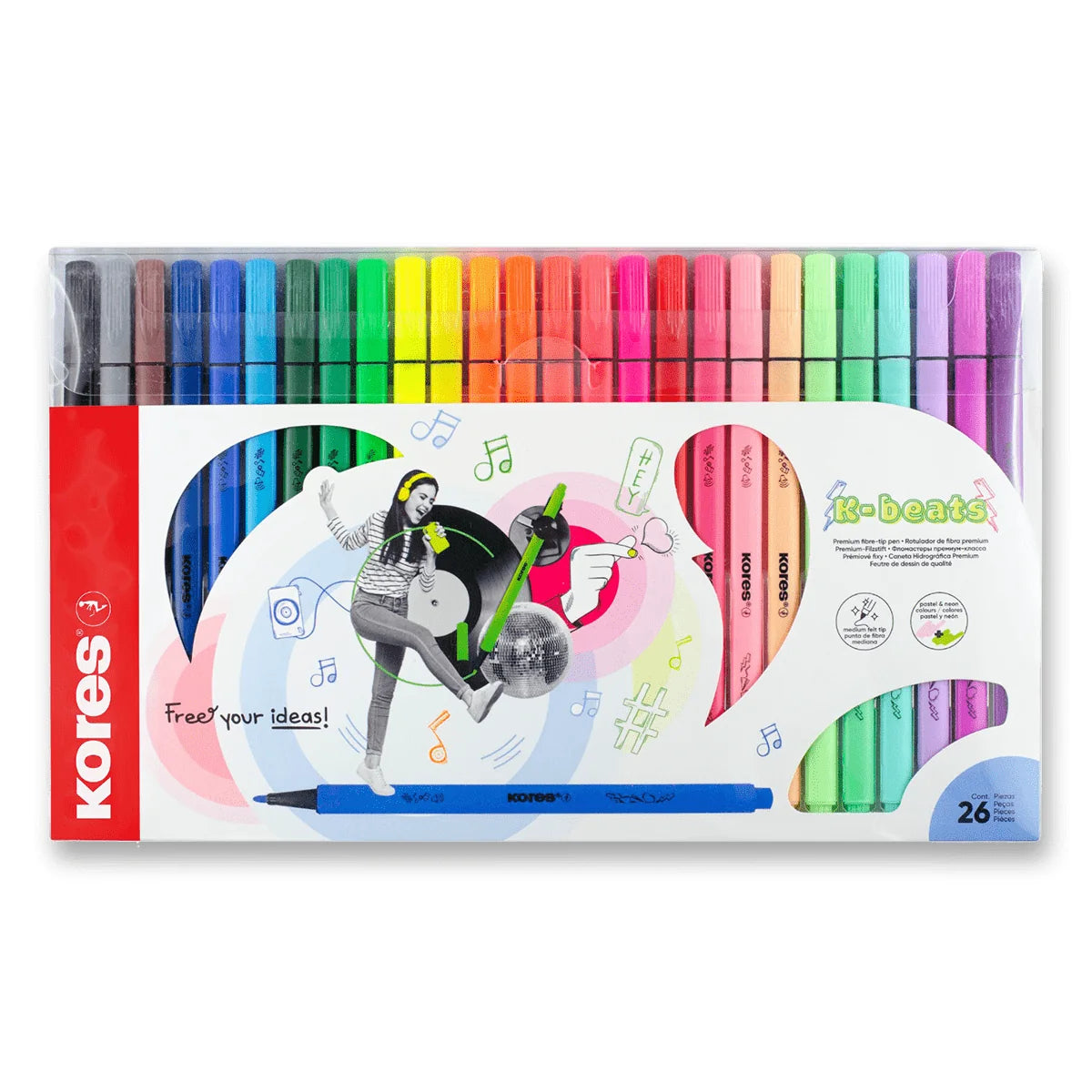Kores K-Beats Felt-Tip Pens – 26 Colors (including 8 pastel and 4 neon)