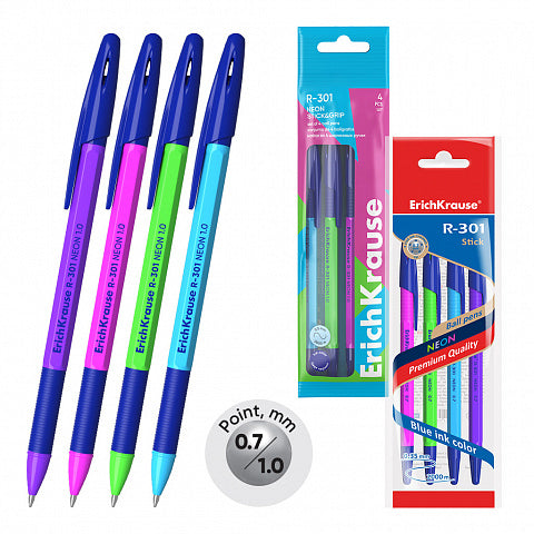 Erich Krause Ballpoint Pen Set - 4 Pieces (red, blue, black, green) 0.7mm - Model R301 NEON