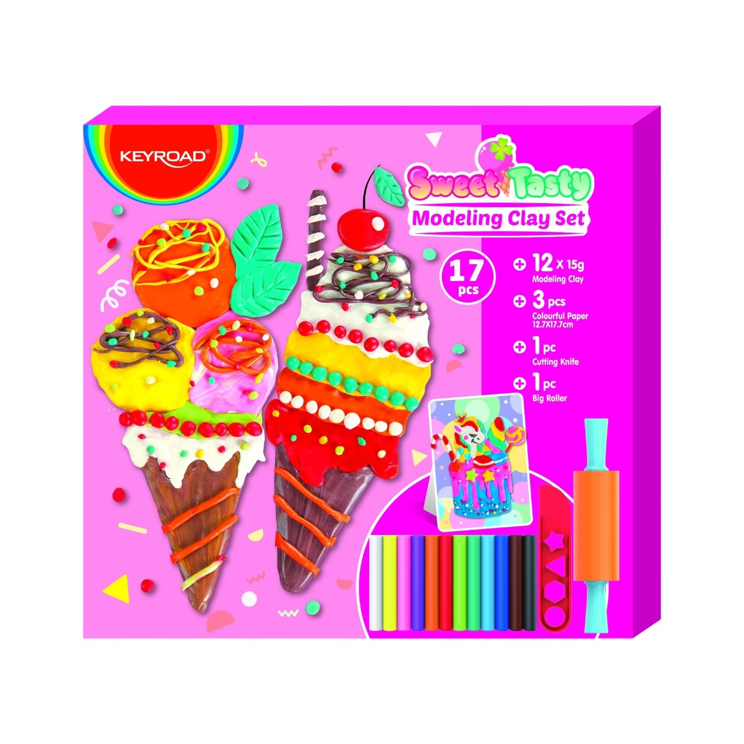 Keyroad Sweet Tasty Colored Modeling Clay – 90g – Box of 12 Sticks + Rolling Pin + Shaping Knife