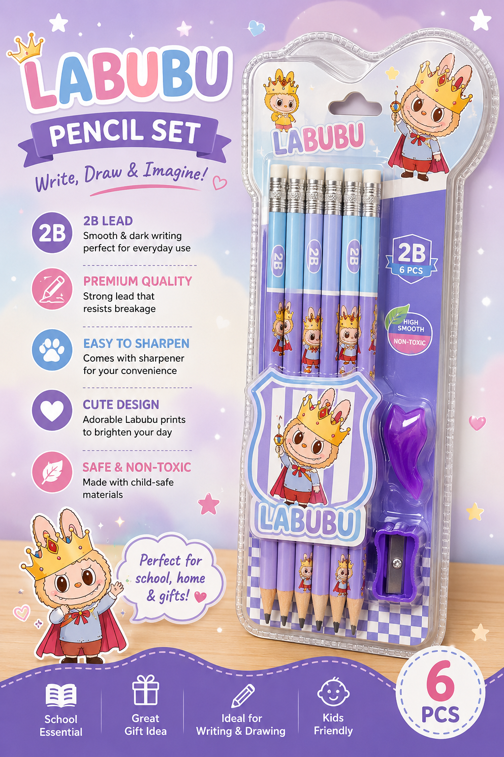12 Pencils + Sharpener + Eraser Set 14 pcs