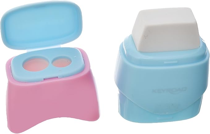 Keyroad Pastel Plastic Sharpener, 2 Holes, with Container and Eraser