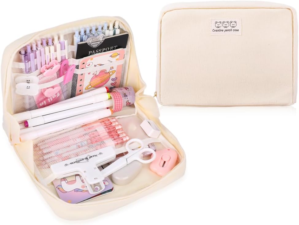 Wide Opening Pencil Case Pen Bag Pouch Off-White