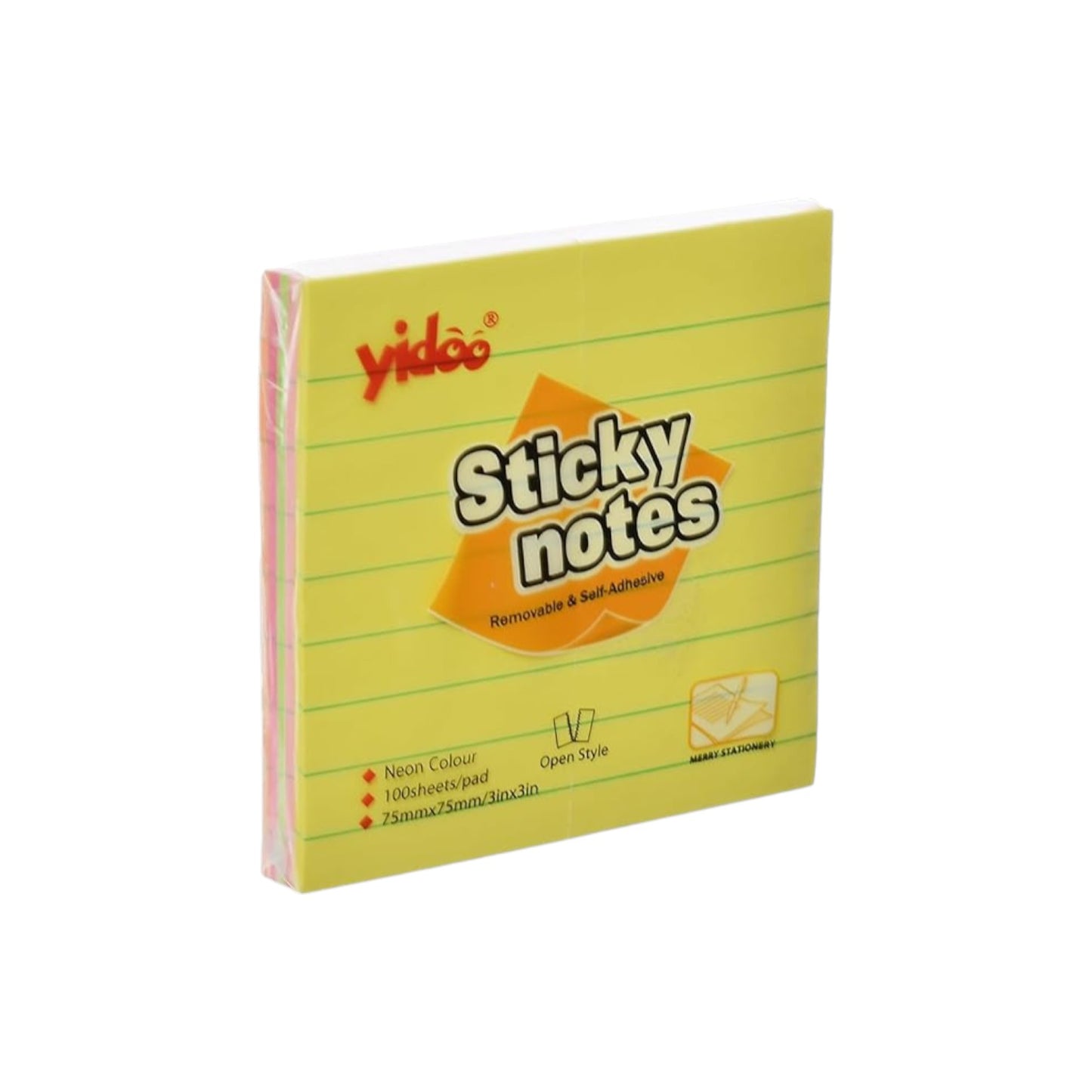 Yidoo Sticky Notes, Ruled Fluorescent, 75x75mm, 100 Sheets