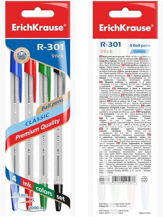 Erich Krause Ballpoint Pen Set - 4 Pieces (red, blue, black, green) 0.7mm Model R301 Classic