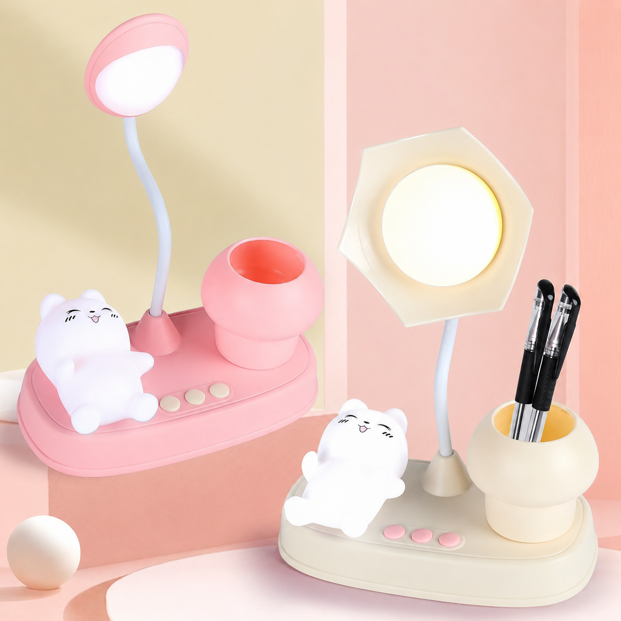 A Desk Lamp, With A Pen Holder, And A Light-Up Toy.