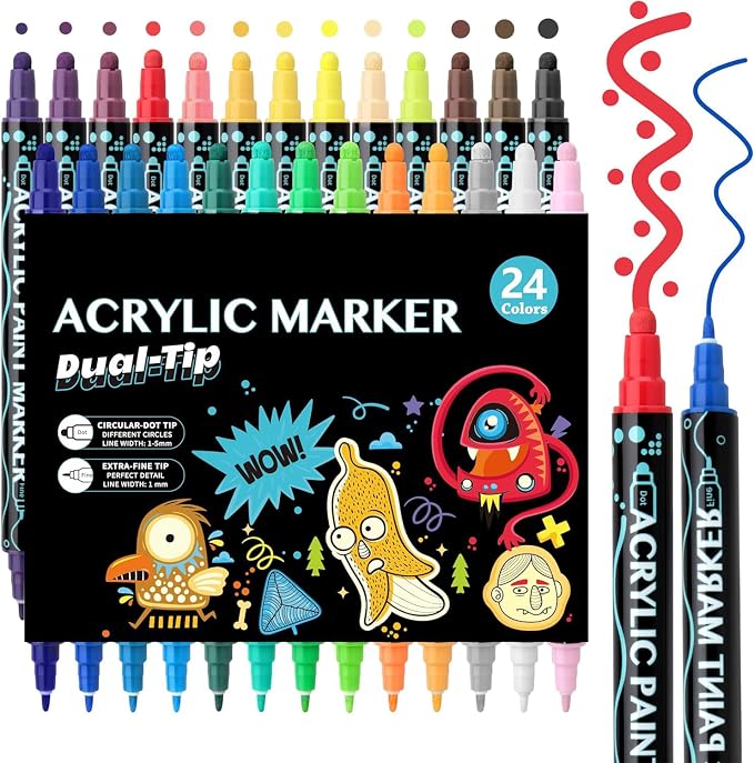 24 Colors Dual Tip Acrylic Paint Pens Markers