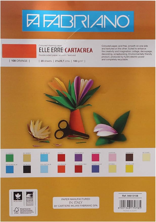 20 Sheets Fabriano Elle Erre Colored Papers , 180 g - A4 - Multi Colors