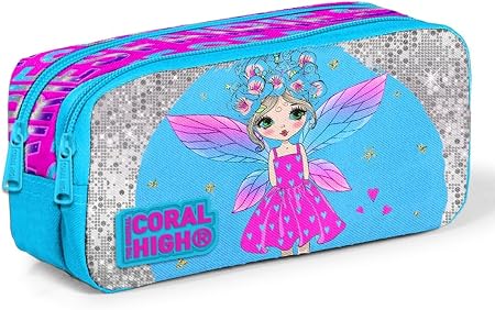 Coral High Kids Pink Blue Fairy Patterned Glittery Two Compartment Pencil Bag