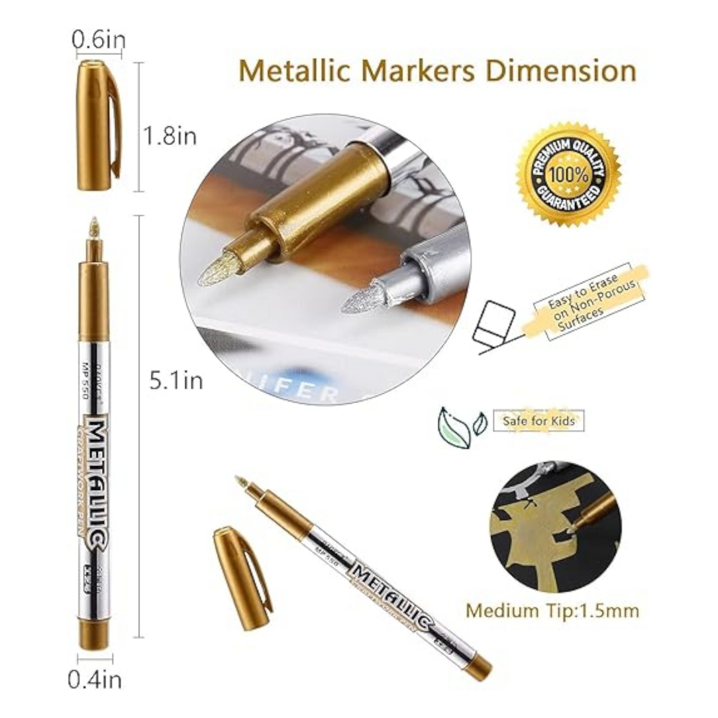 MYARTOOL Metallic Marker Pens, Gold Metallic Permanent Markers