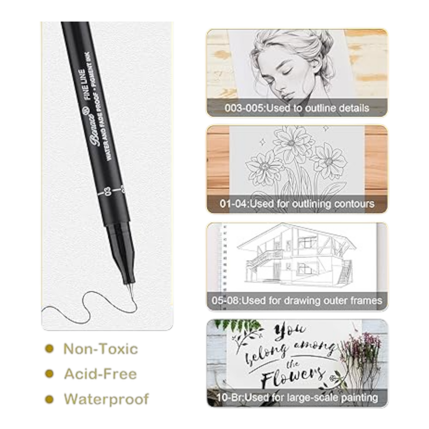 Bonace Black Fineliner Pens - 8 Set
