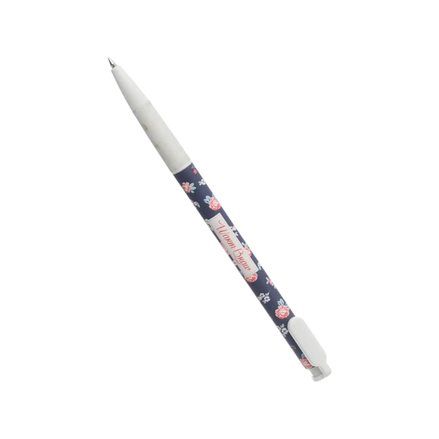 Elite Stationery House ballpoint pen with a navy blue floral pattern and white clip, featuring Warm Brow branding.