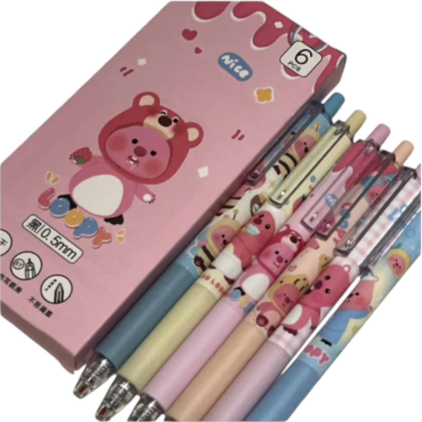 Kawaii Cartoon Push Gel 0.5mm Pen- Loopy 6 Count