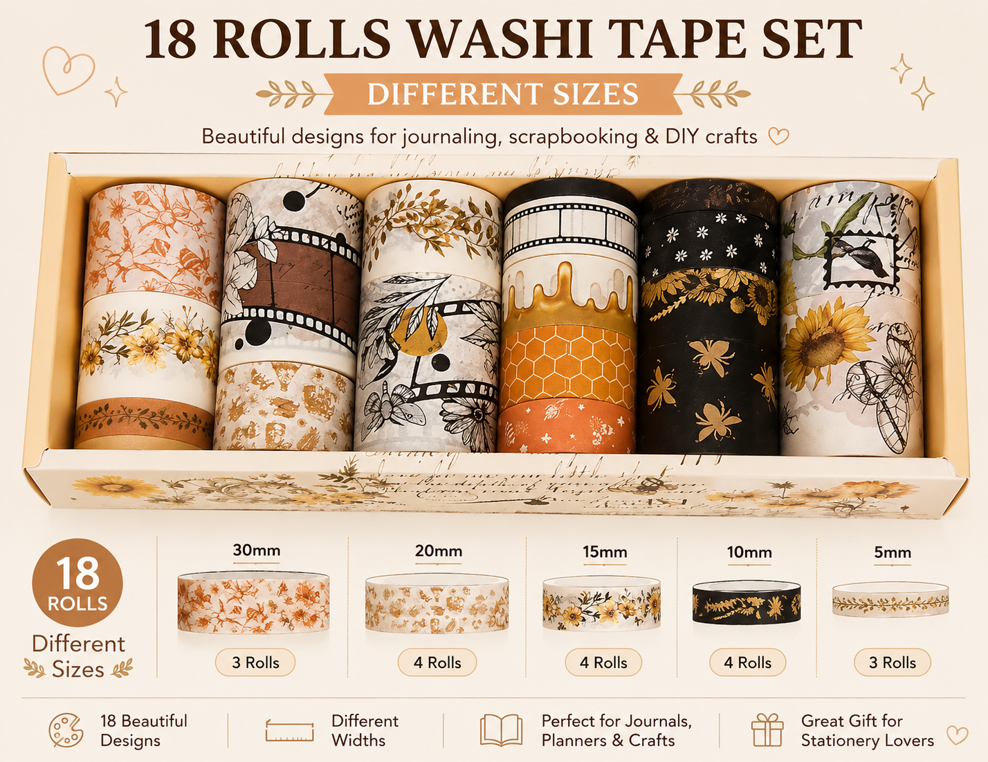 18 Rolls of Washi Tape Different Sizes