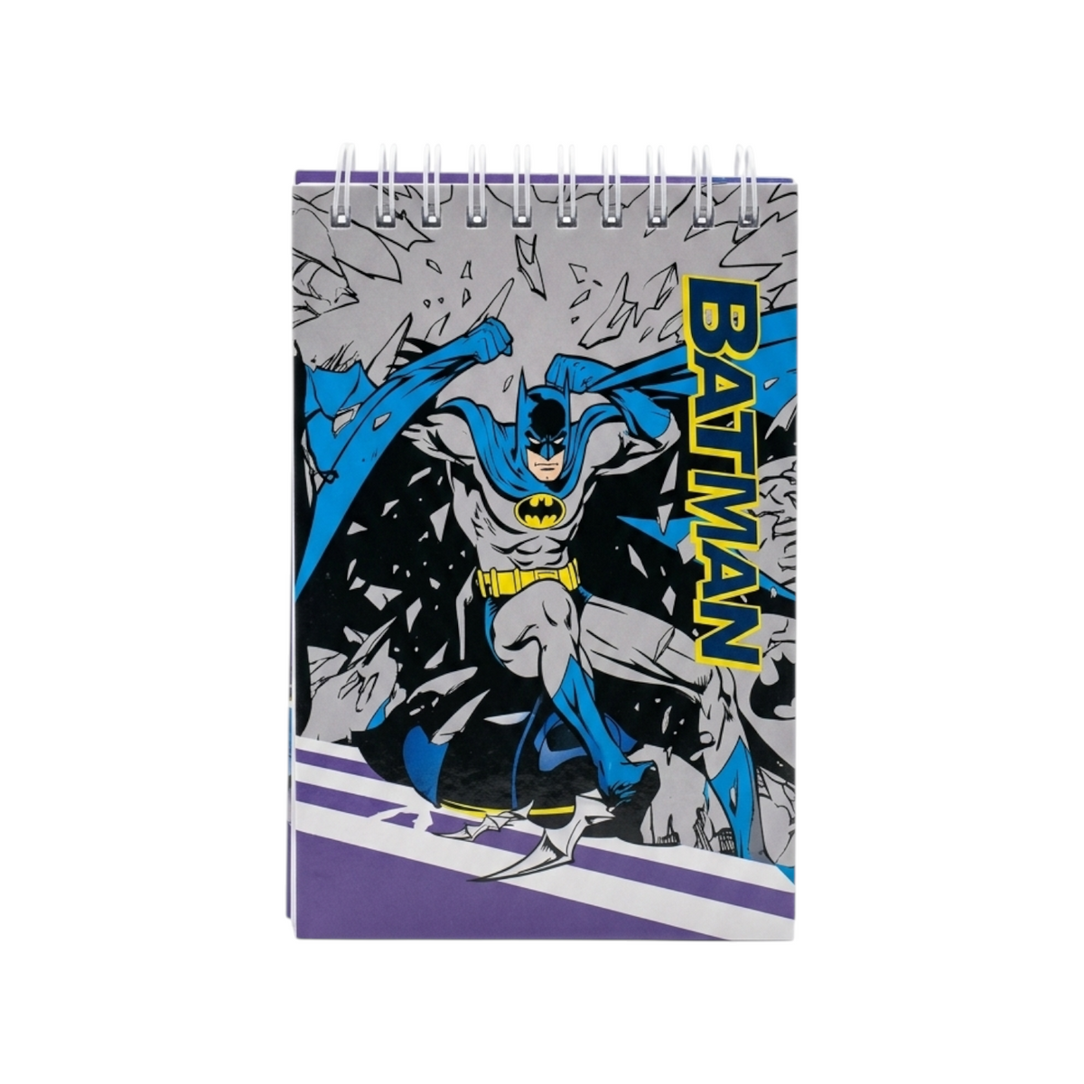 Elite Stationery House mini spiral notebook featuring a dynamic Batman comic book illustration on a grey background.
