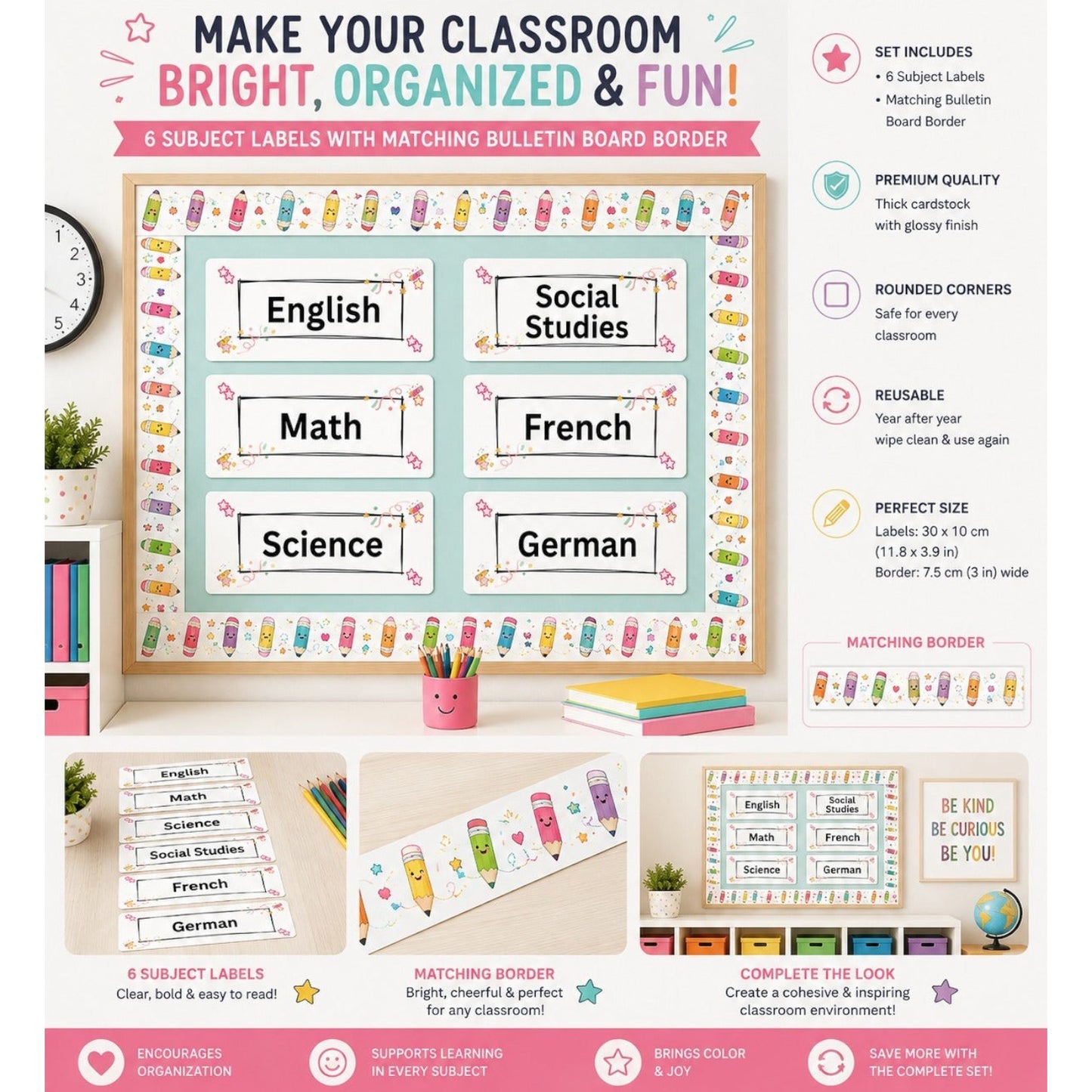Elite Stationery House Doodle Celebration classroom subject labels and matching bulletin board borders set