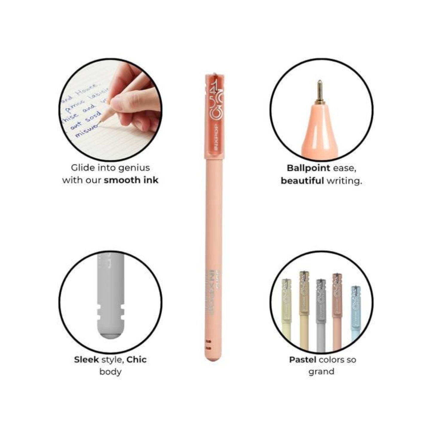 Elite Stationery House Doms INXPOP 0.7mm ballpoint pen with a sleek pastel peach body and smooth blue ink