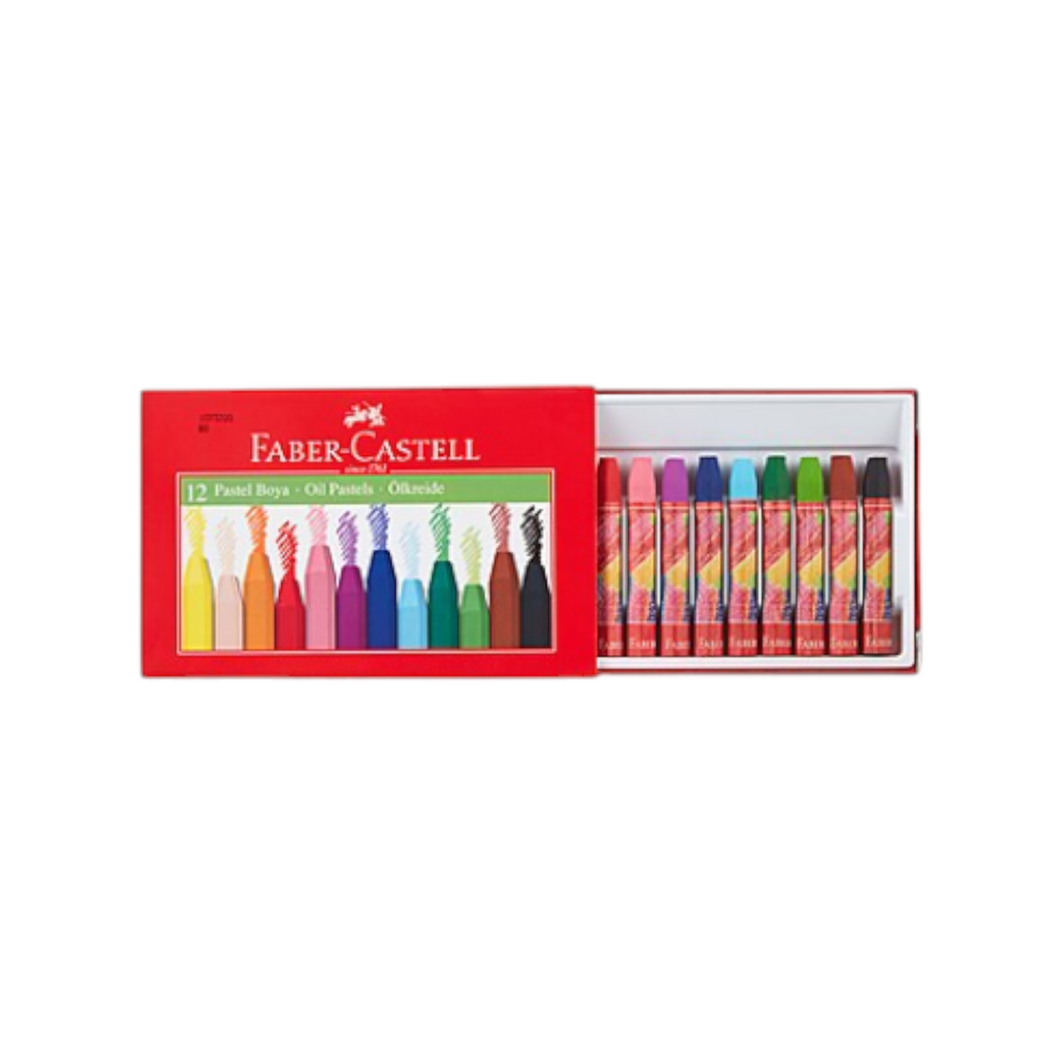Elite Stationery House Faber-Castell set of 12 vibrant oil pastels in a red cardboard box for children's drawing