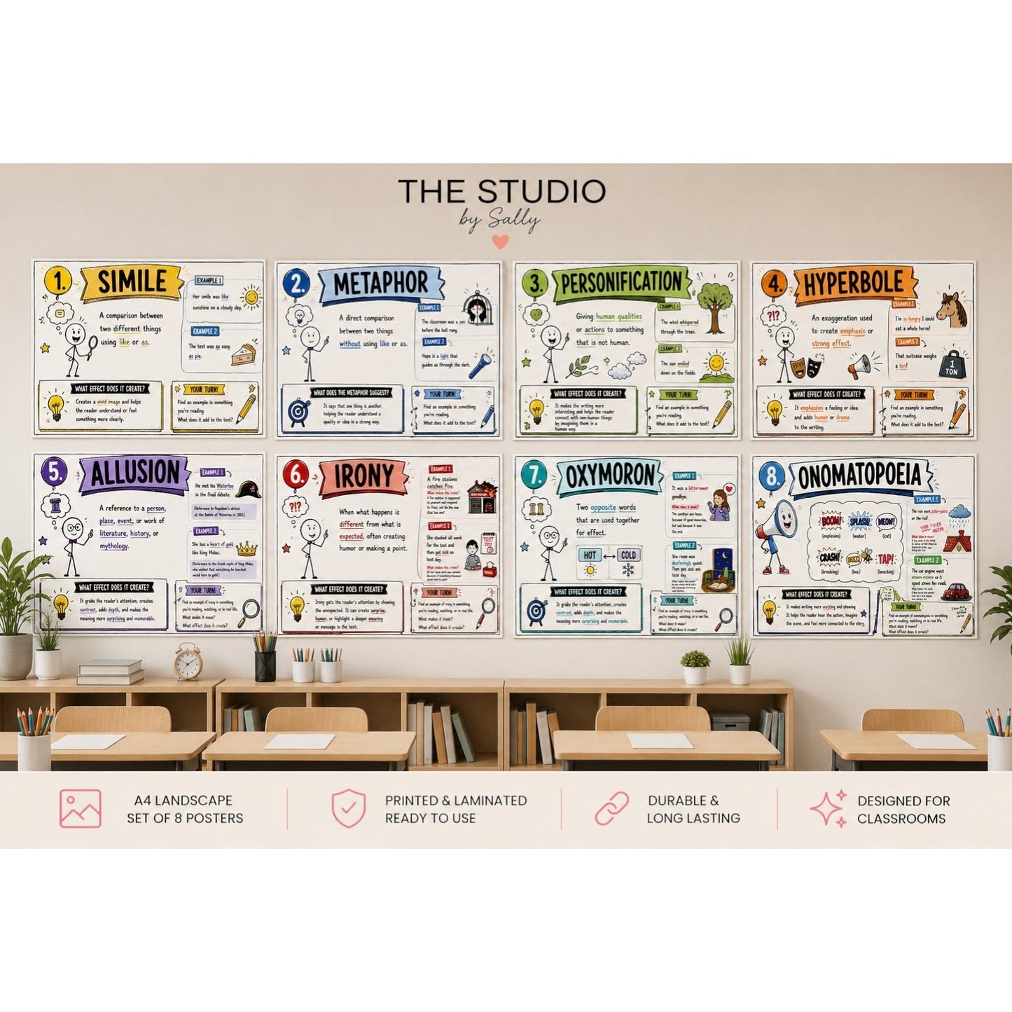 Elite Stationery House set of 8 colorful laminated A4 figurative language posters for classroom literacy instruction.