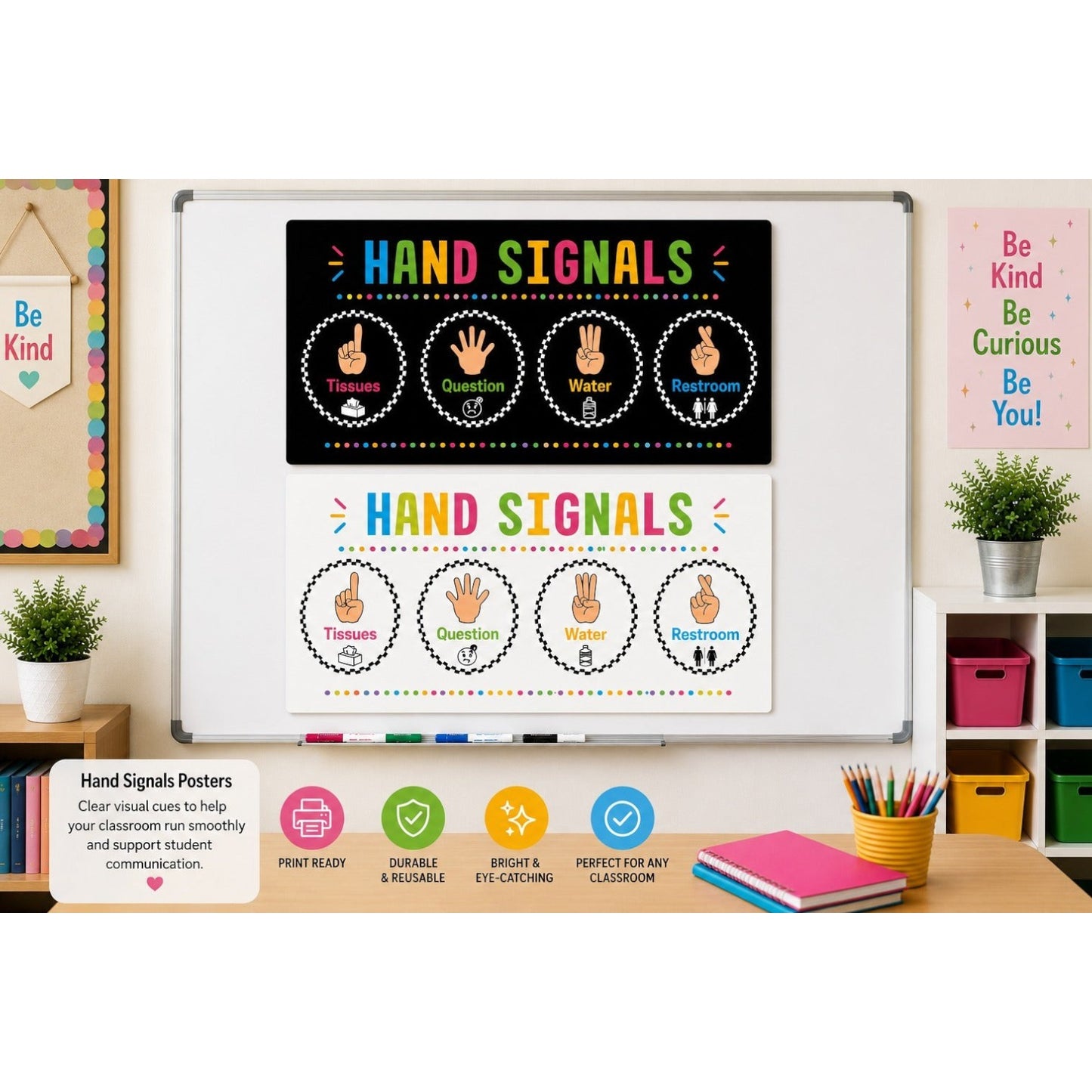 Elite Stationery House A4 landscape hand signals posters for classroom communication, featuring black and white designs.