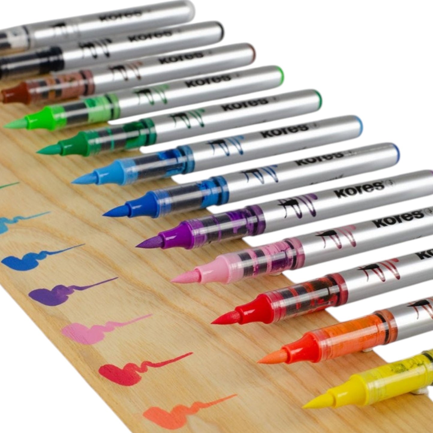 Elite Stationery House Kores Creative acrylic markers with flexible brush tips and vibrant liquid ink on wood board