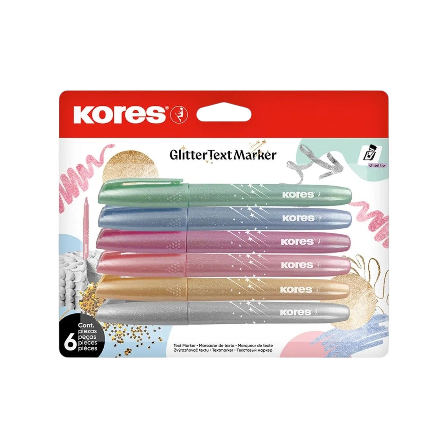 Elite Stationery House Kores glitter markers in a pack of 6 with slim barrels and chisel tips in assorted colors