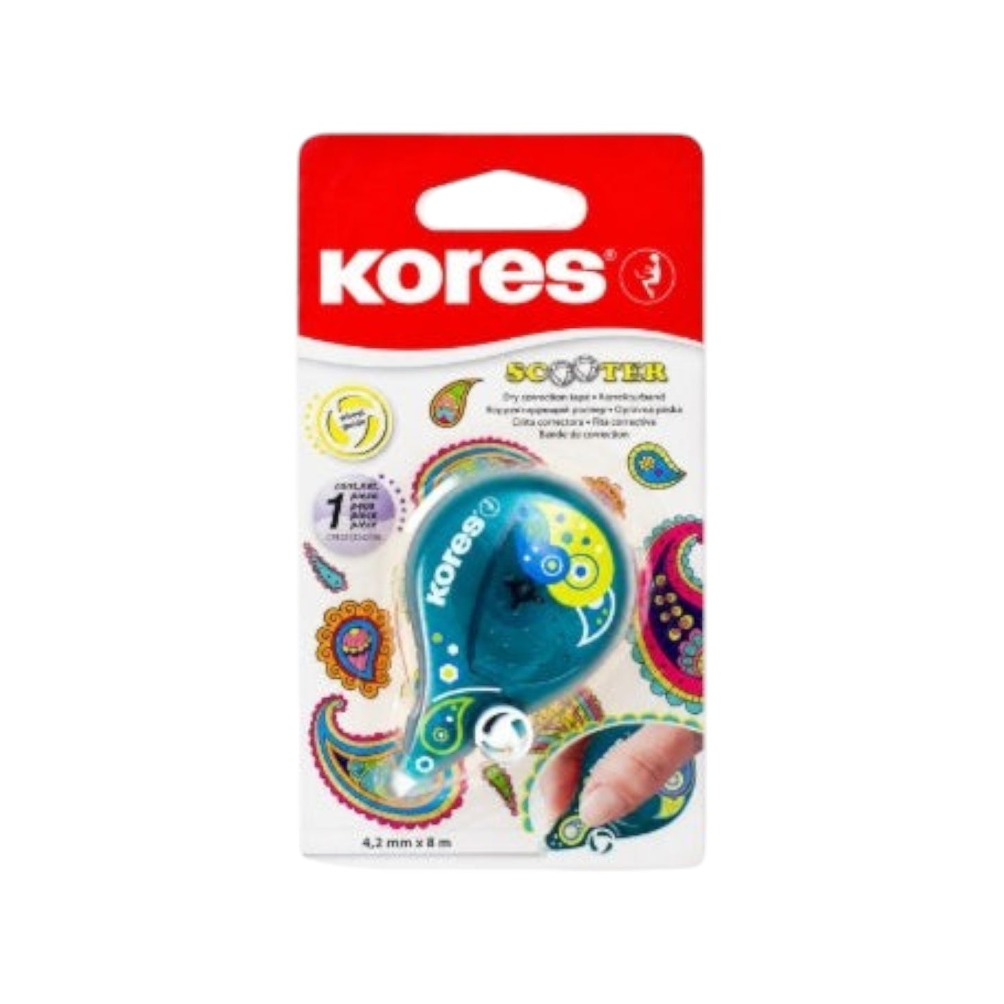 Elite Stationery House Kores Scooter correction tape in blue with paisley pattern on carded packaging
