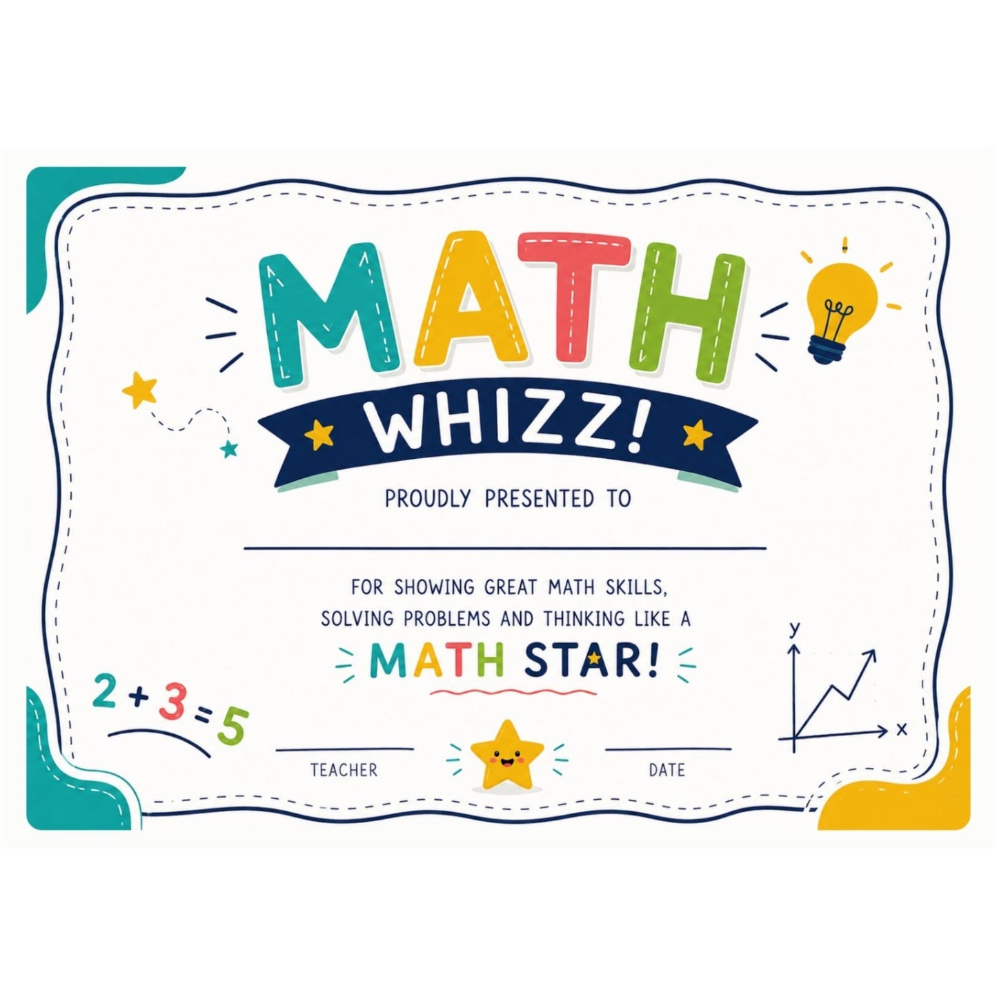 Elite Stationery House Math Star certificate with colorful math icons, lightbulb, and space for student name.