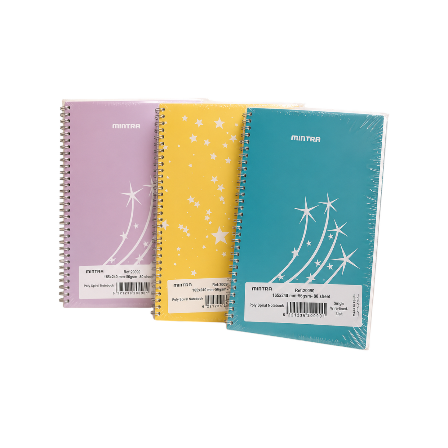 Elite Stationery House Mintra pack of 3 spiral notebooks with durable poly covers in lavender, yellow, and teal.