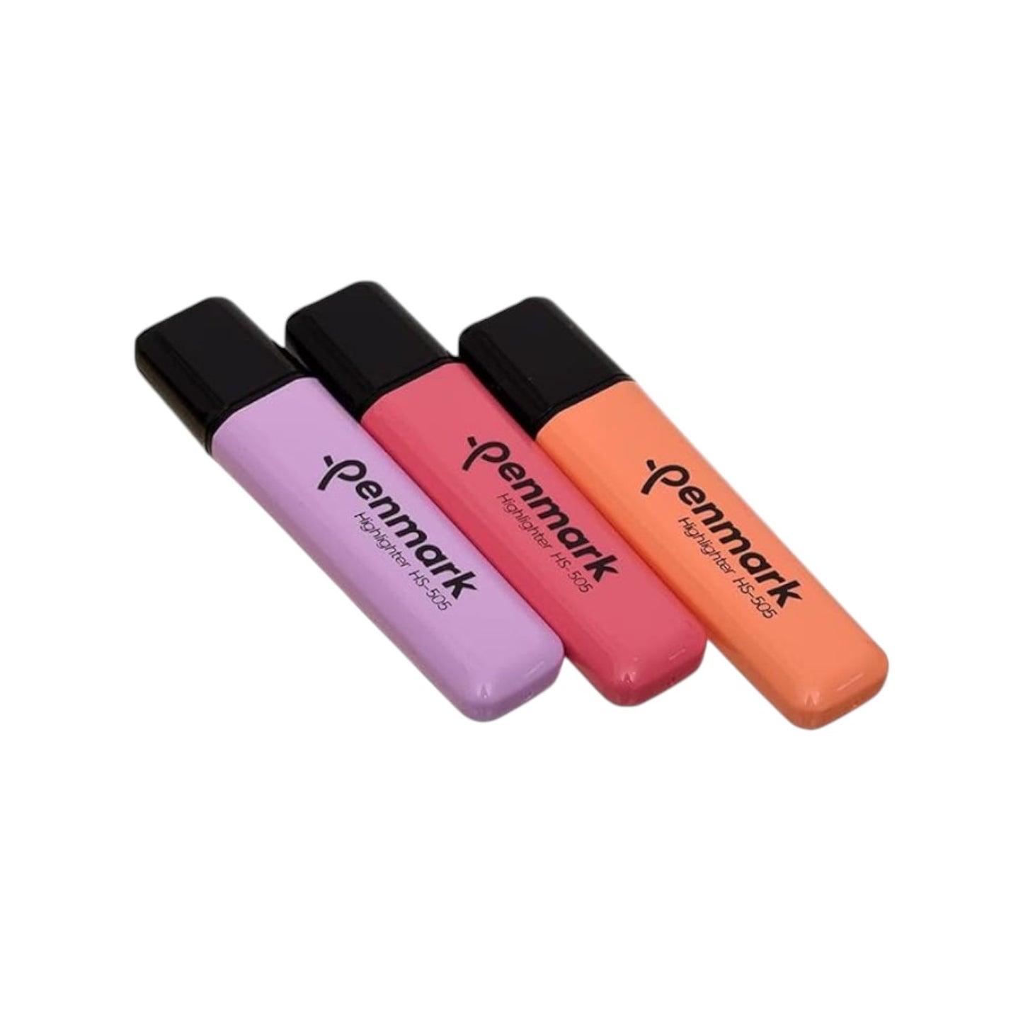 Elite Stationery House Penmark pastel highlighters in purple, pink, and orange with black caps and quick-dry ink
