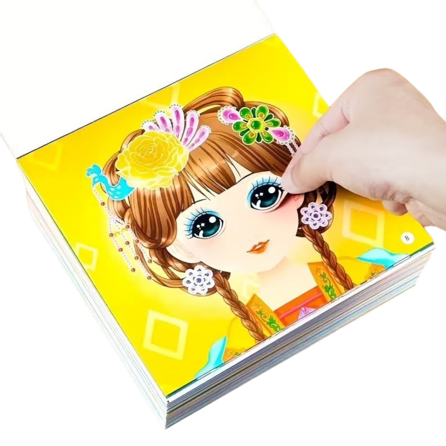 Elite Stationery House princess dress up sticker book with a hand placing a reusable fashion sticker on a character