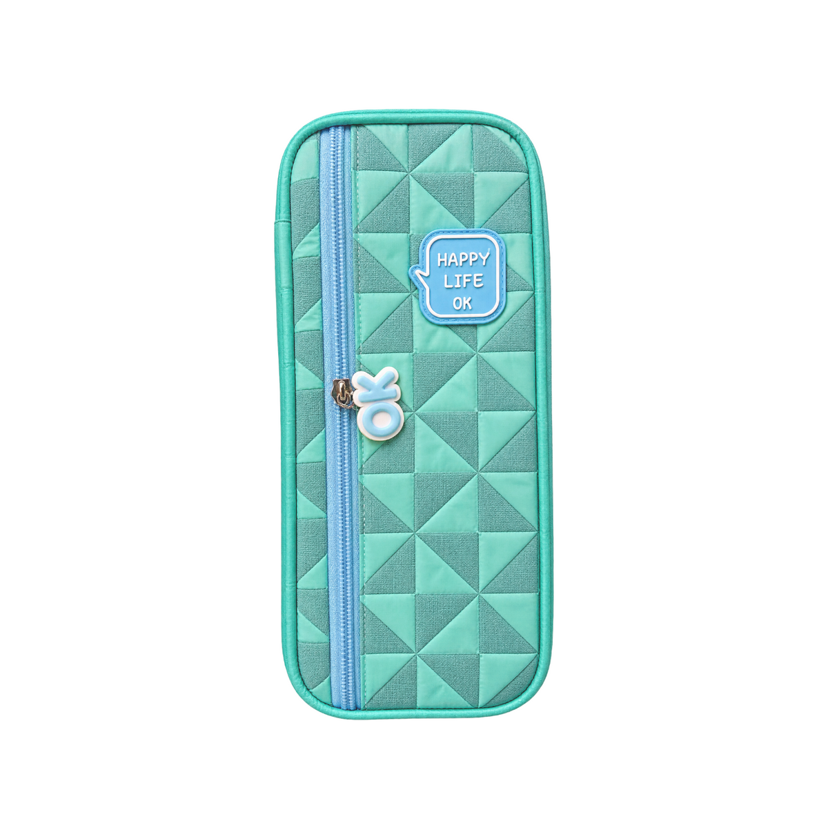 Elite Stationery House quilted teal pencil case with geometric pattern, zipper closure, and Happy Life OK patch.