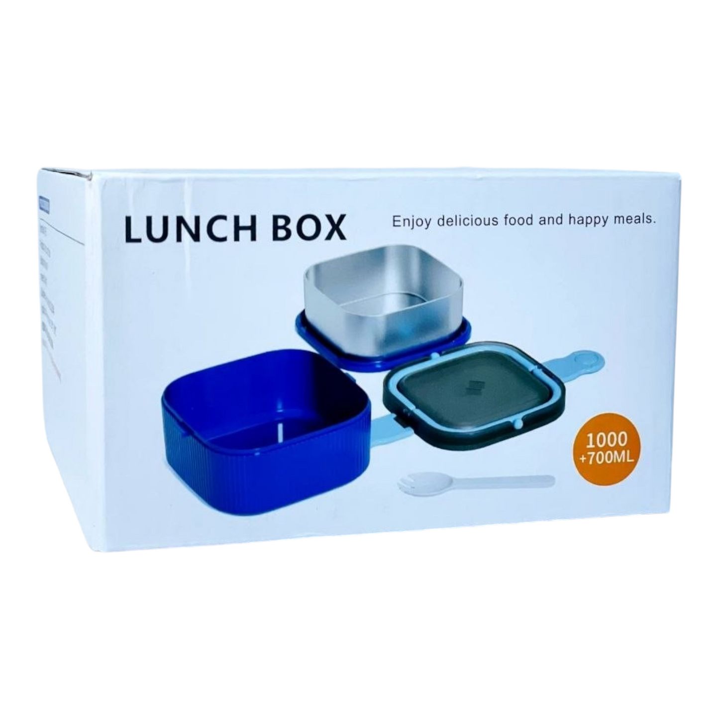 Elite Stationery House 2-layer stainless steel and blue plastic lunch box with locking lid and spoon in packaging