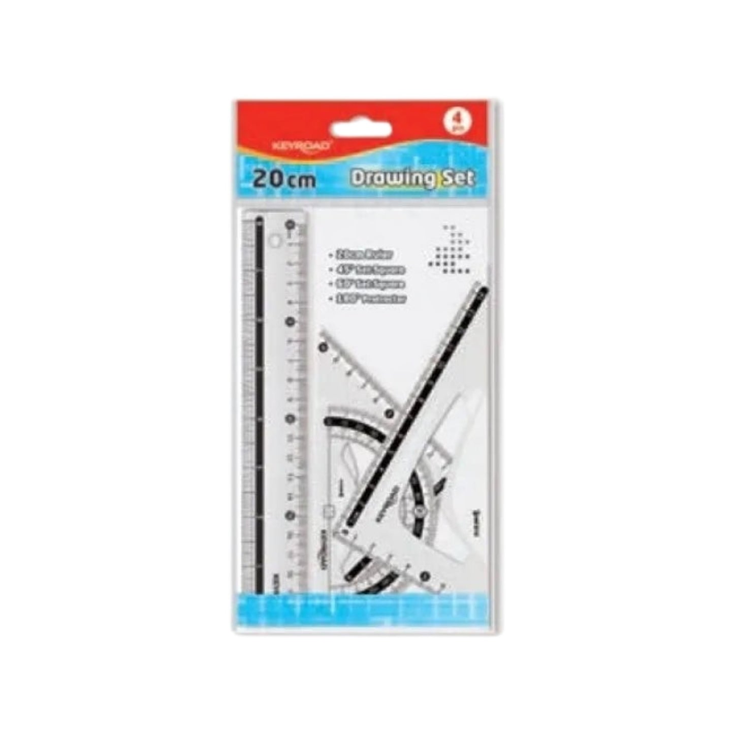 Elite Stationery House Keyroad 4-piece transparent geometry set including a 20cm ruler, protractor, and set squares.
