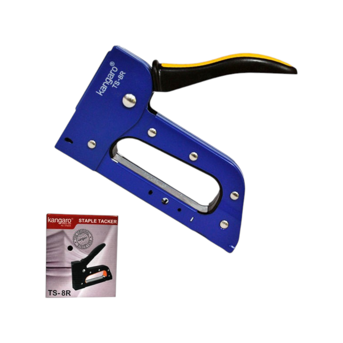 Elite Stationery House Kangaro TS8R metal wall stapler in blue with a black and yellow ergonomic handle
