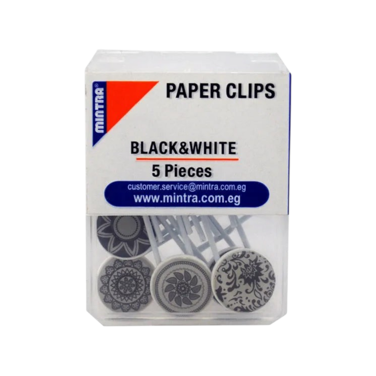 Elite Stationery House Mintra pack of 5 decorative black and white patterned pin clips in a clear plastic box