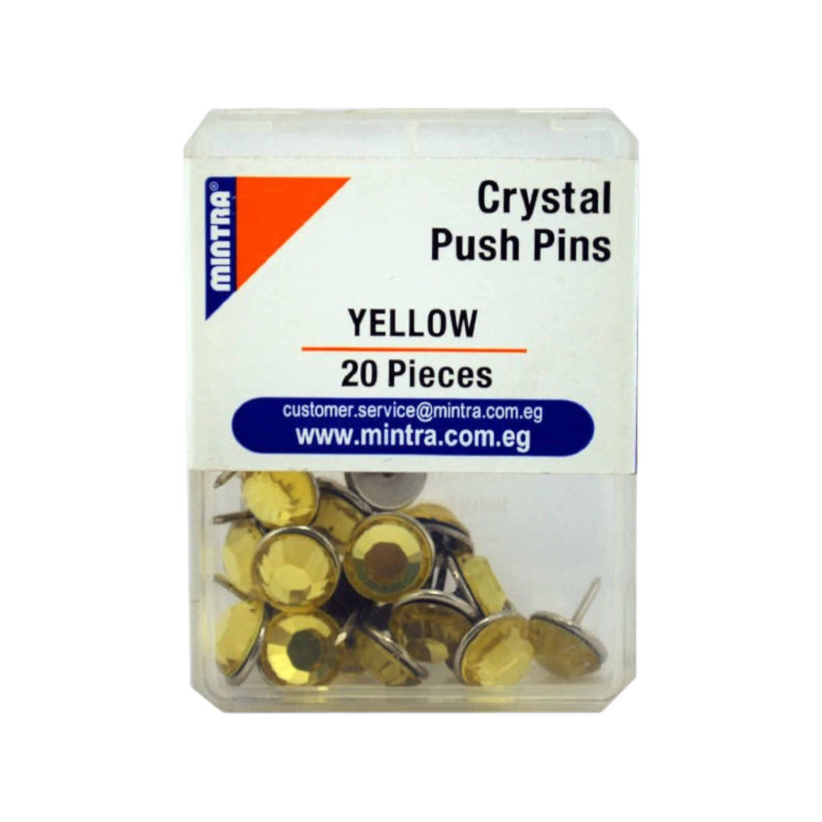 Elite Stationery House crystal push pins in yellow, 20-piece set in a clear plastic storage box.
