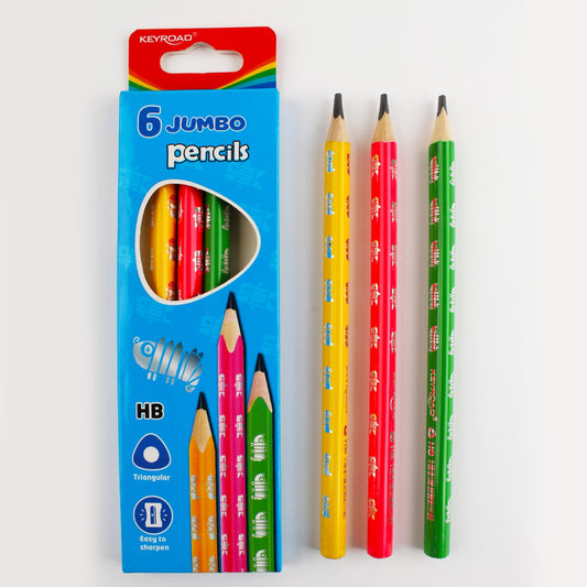 Set of 6 Jumbo Graphite Pencils HB Triangular with Eraser - Keyroad