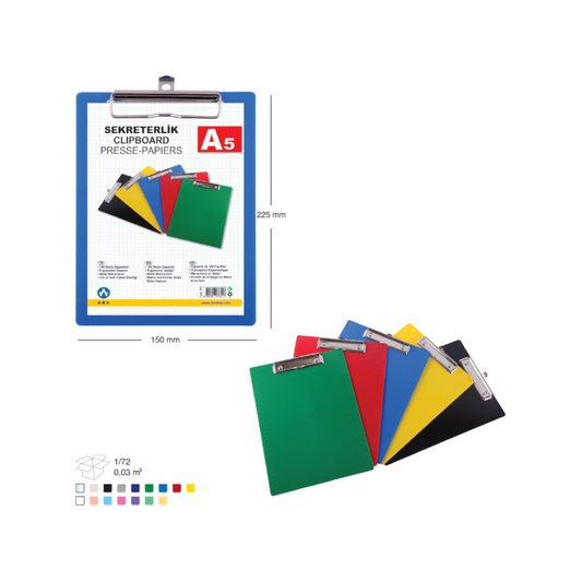 Colored Plastic Clipboard with Paper Clip, A5 170 gm