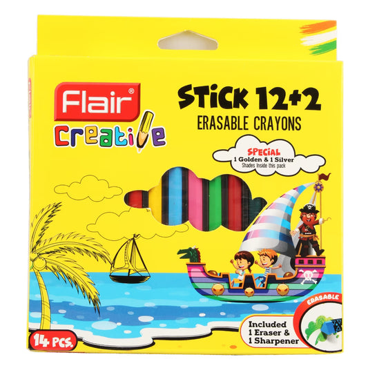 Flair  Erasable Crayons Box 14 Colors 110ml + Sharpener + Eraser -