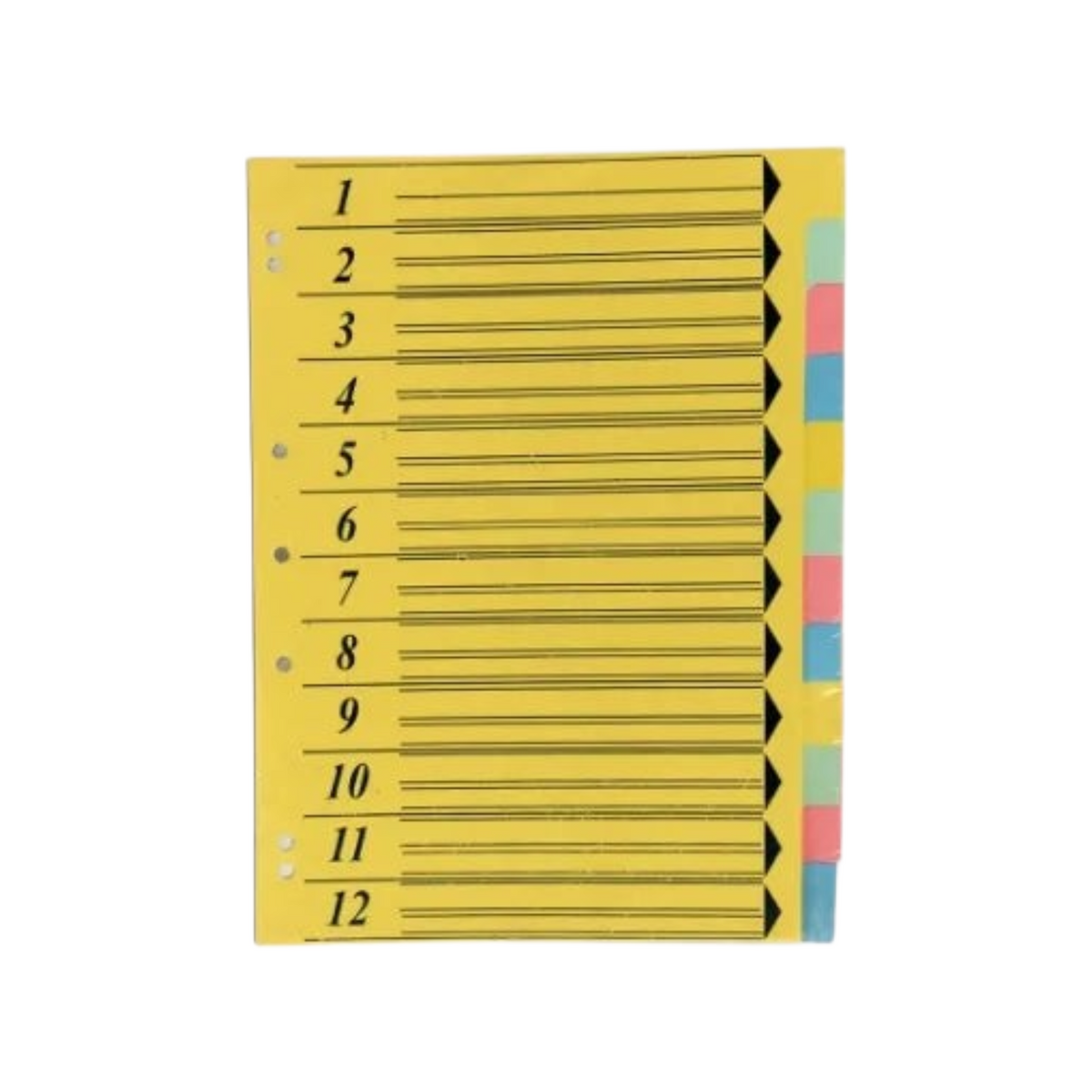 Elite Stationery House 12-tab yellow paper carton dividers with numbered lines and multi-colored index tabs