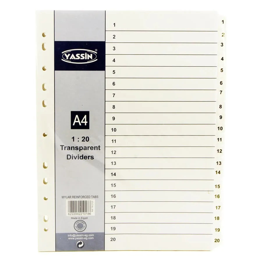 Transparent Plastic Index Dividers Numbers 1:20 - Yassin
