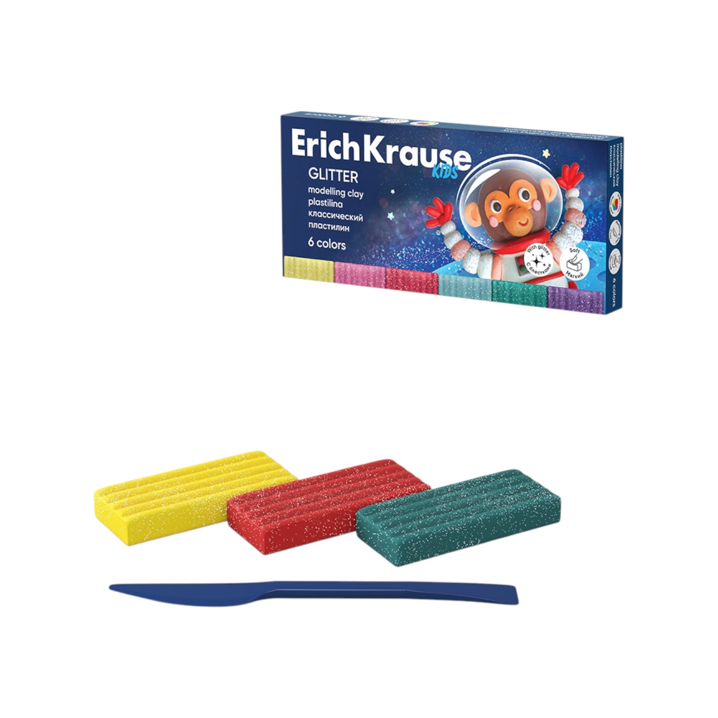 Erich Krause Glitter Colored Clay with Modeling Tool - 6 Pieces 108g