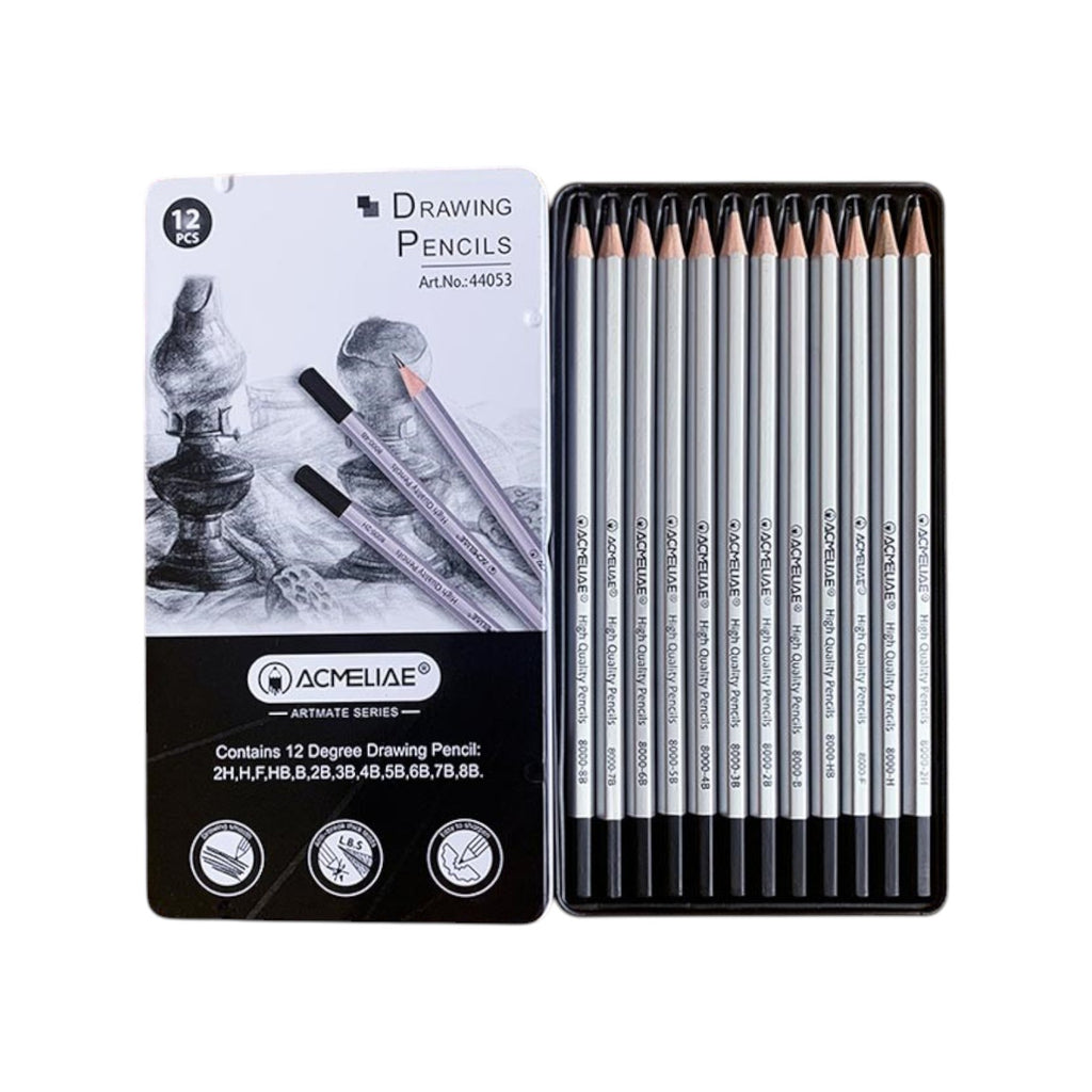 Acmeliae Hexagonal Pencil Set – 12 - 16 Pencils in Tin Box – Grades 2H to 8B